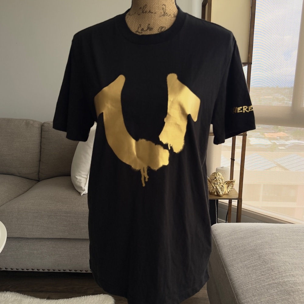 True Religion Men's T-Shirt in Black with Gold Logo
